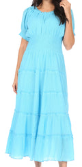 Sakkas Cotton Crepe Smocked Peasant Gypsy Boho Renaissance Mid Length Dress#color_Turquoise
