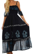 Sakkas Fleur De Lis Batik Jacquard Off Shoulder Crepe Hem Dress#color_Black/Turquoise