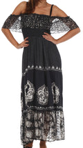 Sakkas Fleur De Lis Batik Jacquard Off Shoulder Crepe Hem Dress#color_Black/White