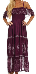 Sakkas Fleur De Lis Batik Jacquard Off Shoulder Crepe Hem Dress#color_Cabernet