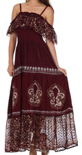Sakkas Fleur De Lis Batik Jacquard Off Shoulder Crepe Hem Dress#color_Chocolate/Cream