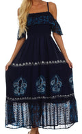 Sakkas Fleur De Lis Batik Jacquard Off Shoulder Crepe Hem Dress#color_Navy/Turquoise
