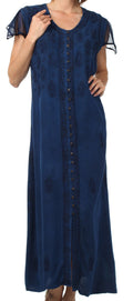 Sakkas Stonewashed Embroidered Cap Sleeve Maxi Long Dress#color_Navy