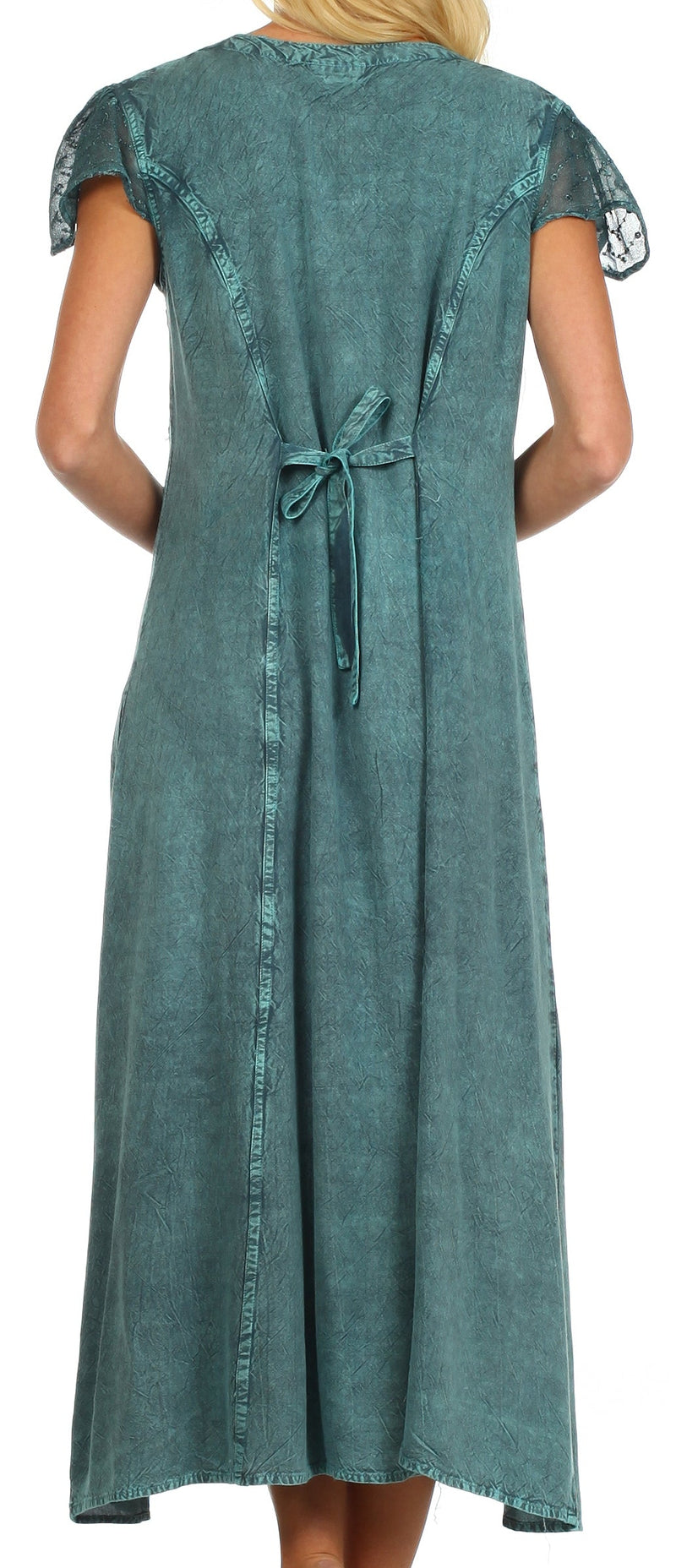Sakkas Stonewashed Embroidered Cap Sleeve Maxi Long Dress