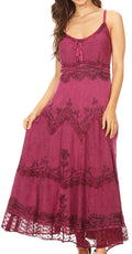 Sakkas Stonewashed Rayon Embroidered Adjustable Spaghetti Straps Long Dress#color_Orchid