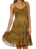 Sakkas Stonewashed Rayon Adjustable Spaghetti Straps Mid Length Dress#color_OldGold