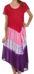 Sakkas Multi Color Tie Dye Cap Sleeve Caftan Dress / Cover Up#color_Cranberry