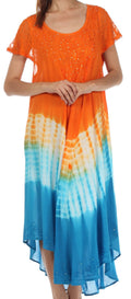 Sakkas Multi Color Tie Dye Cap Sleeve Caftan Dress / Cover Up#color_Orange