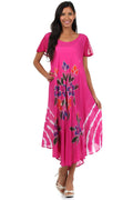 Sakkas Embroidered Painted Floral Cap Sleeve Cotton Dress#color_Fuchsia