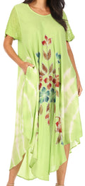 Sakkas Embroidered Painted Floral Cap Sleeve Cotton Dress#color_Green