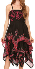 Sakkas Batik Smocked Bodice Handkerchief Hem Dress#color_Black/Raspberry