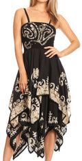 Sakkas Batik Smocked Bodice Handkerchief Hem Dress#color_Black/White