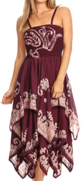 Sakkas Batik Smocked Bodice Handkerchief Hem Dress#color_Burgundy