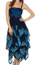 Sakkas Batik Smocked Bodice Handkerchief Hem Dress#color_Navy/Turquoise