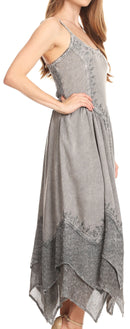 Sakkas Rayon Embroidered Stonewashed Adjustable Spaghetti Straps Long Dress