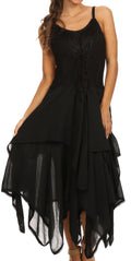 Sakkas Lady Mary Jacquard Corset Style Bodice Lightweight Handkerchief Hem Dress#color_Black