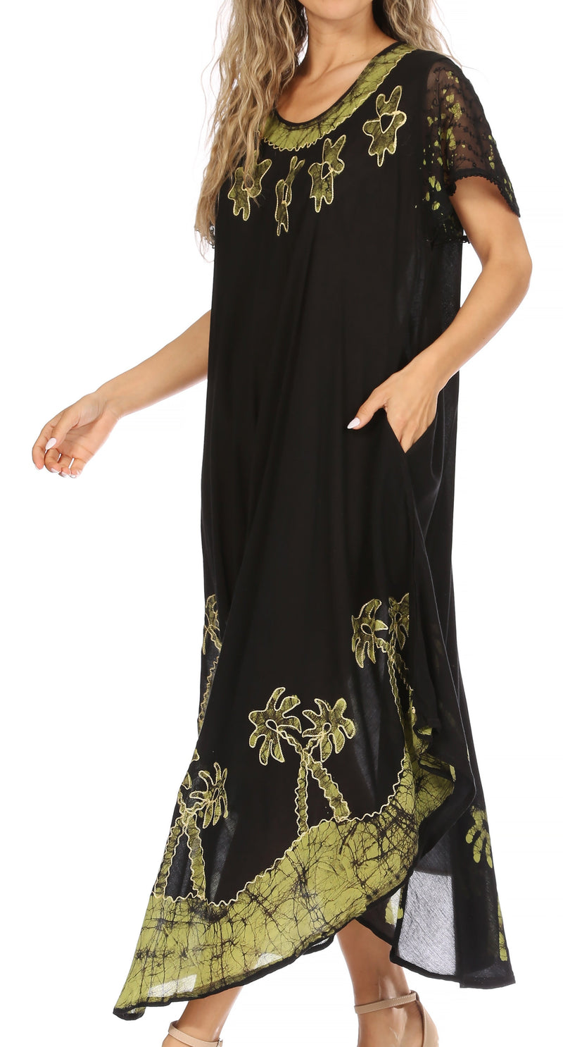 Sakkas Batik Palm Tree Cap Sleeve Caftan Dress / Cover Up