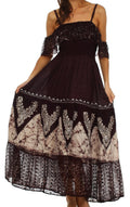 Sakkas Tiva Batik Embroidered Jacquard Off Shoulder Peasant Dress#color_Chocolate
