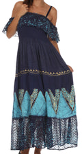 Sakkas Tiva Batik Embroidered Jacquard Off Shoulder Peasant Dress#color_Navy/Turquoise