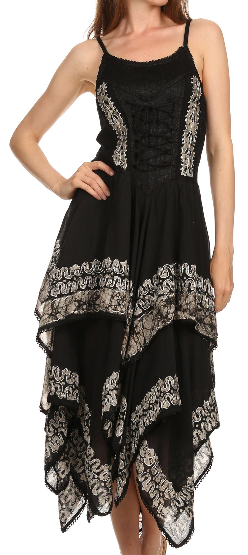 Sakkas Batik Corset Style Bodice Handkerchief Hem Dress