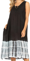 Sakkas Ilaria Women's Midi Sleeveless Casual Loose Flare Print Dress Caftan Pocket#color_TD42-802-BlackGrey