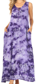 Sakkas Leonor Women's Maxi Sleeveless Tank Long Print Dress with Pockets and Ties#color_TD52-812-Purple