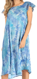 Sakkas Trila Women's Casual Summer Lace Boho Short Sleeve Midi Loose Dress Flowy#color_BlueTurquoise
