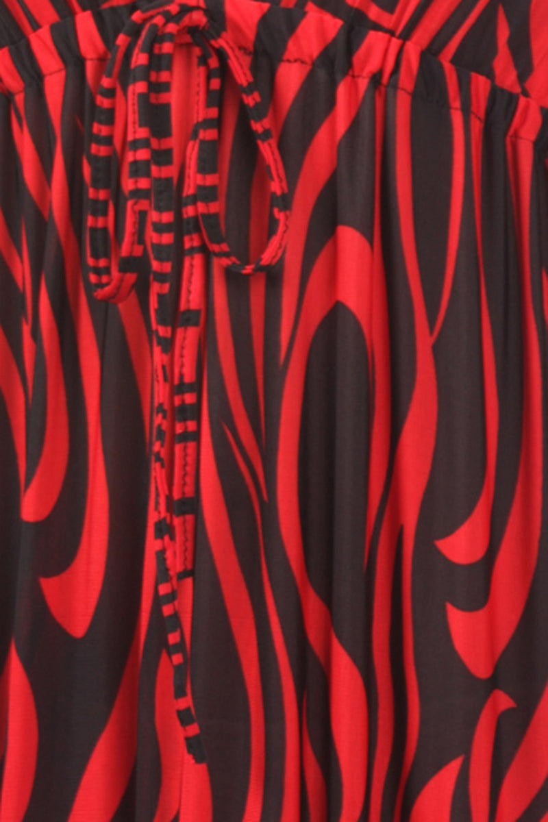Flames on Solid Black Graphic Print V-Neck Cap Sleeve Empire Waist Long / Maxi Dress