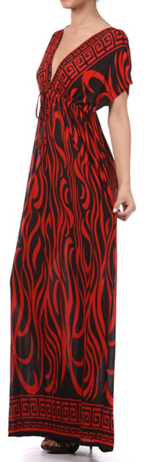 Flames on Solid Black Graphic Print V-Neck Cap Sleeve Empire Waist Long / Maxi Dress