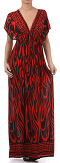 Flames on Solid Black Graphic Print V-Neck Cap Sleeve Empire Waist Long / Maxi Dress#color_Red