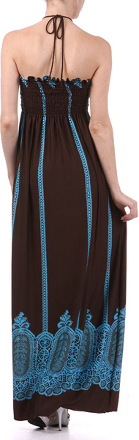 Vertical Stripes Print Beaded Halter Smocked Bodice Long / Maxi Dress