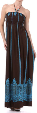 Vertical Stripes Print Beaded Halter Smocked Bodice Long / Maxi Dress#color_Brown