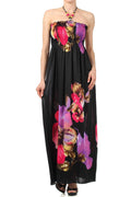 Sakkas Floral on Black Graphic Print Beaded Halter Smocked Bodice Maxi Dress#color_Purple