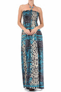 Sakkas Leopard Print Beaded Halter Smocked Bodice Maxi Dress#color_Blue