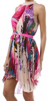 Asymmetrical Hem Pleated Short Sleeveless Dress with Rose Design