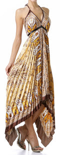 Sakkas Silk Feel Pleated Pleated Handkerchief Hem Adjustable Maxi / Long Dress #color_Brown/Gold
