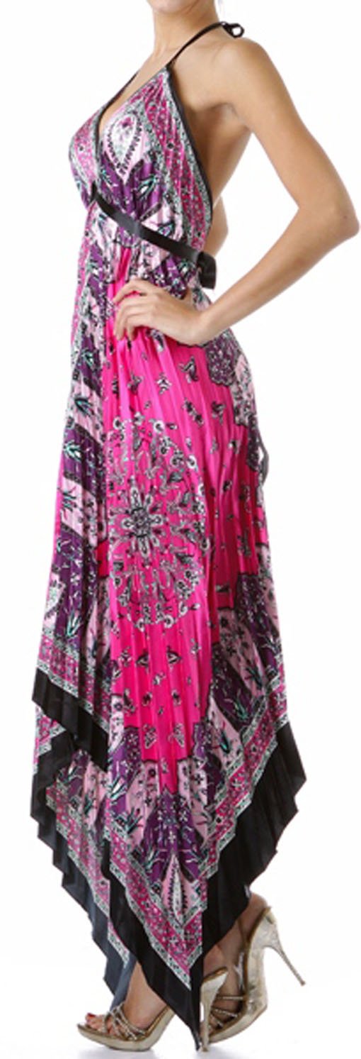 Sakkas Silk Feel Pleated Pleated Handkerchief Hem Adjustable Maxi / Long Dress