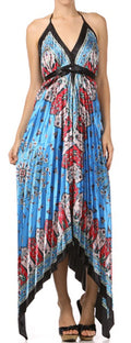 Sakkas Silk Feel Pleated Pleated Handkerchief Hem Adjustable Maxi / Long Dress #color_Turquoise/Red