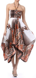 Paisley Design Satin Feel Beaded Halter Smocked Bodice Handkerchief Hem Dress#color_Brown