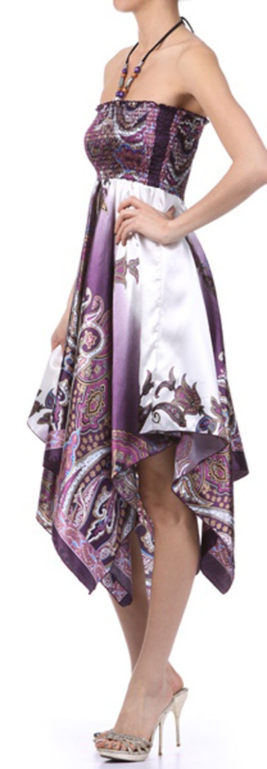 Paisley Design Satin Feel Beaded Halter Smocked Bodice Handkerchief Hem Dress