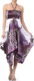 Paisley Design Satin Feel Beaded Halter Smocked Bodice Handkerchief Hem Dress#color_Purple