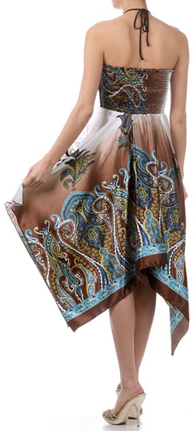 Paisley Design Satin Feel Beaded Halter Smocked Bodice Handkerchief Hem Dress