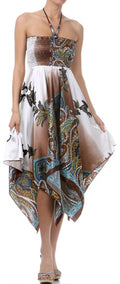 Paisley Design Satin Feel Beaded Halter Smocked Bodice Handkerchief Hem Dress#color_Teal
