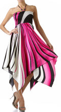 Swirl Design Satin Feel Beaded Halter Smocked Bodice Handkerchief Hem Dress#color_Fuchsia