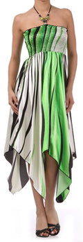 Swirl Design Satin Feel Beaded Halter Smocked Bodice Handkerchief Hem Dress#color_Green