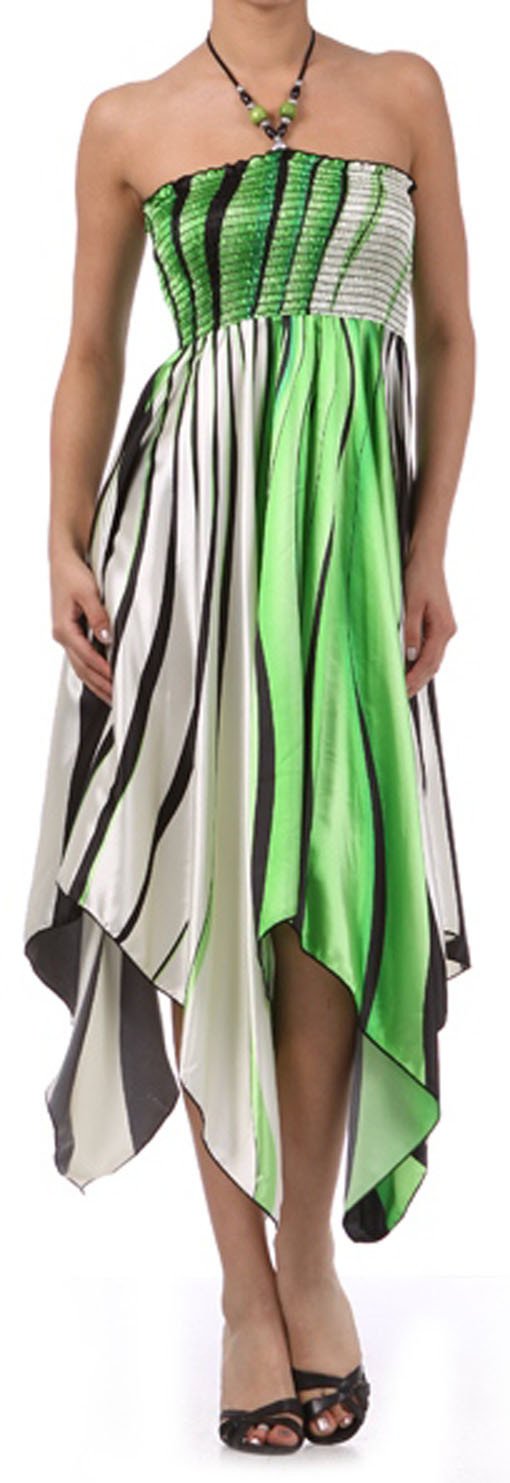 Swirl Design Satin Feel Beaded Halter Smocked Bodice Handkerchief Hem Dress