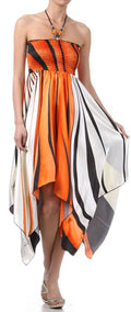 Swirl Design Satin Feel Beaded Halter Smocked Bodice Handkerchief Hem Dress#color_Orange