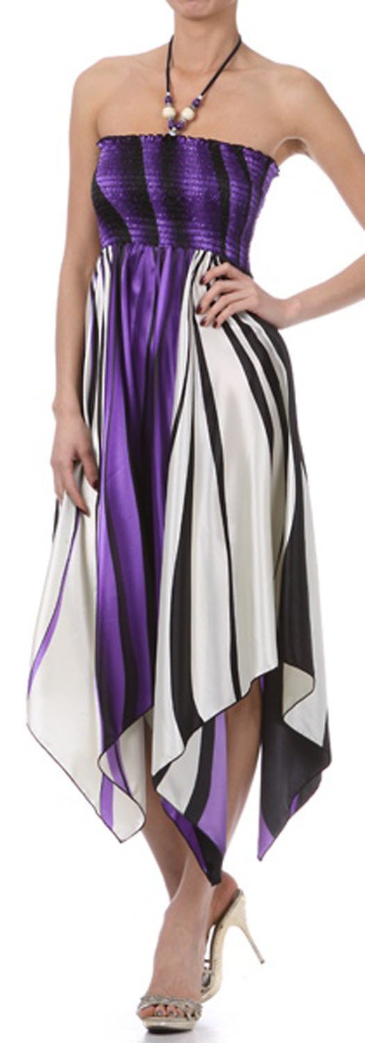 Swirl Design Satin Feel Beaded Halter Smocked Bodice Handkerchief Hem Dress
