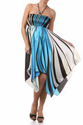 Swirl Design Satin Feel Beaded Halter Smocked Bodice Handkerchief Hem Dress#color_Turquoise
