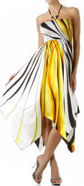 Swirl Design Satin Feel Beaded Halter Smocked Bodice Handkerchief Hem Dress#color_Yellow